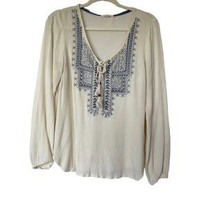 Taylor & Sage Cream Tunic with blue embroidery long sleeves Size L